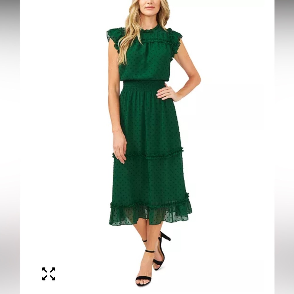CeCe Women's Ruffled Flutter Sleeve Swiss Dot Midi Dress in Alpine Green XS